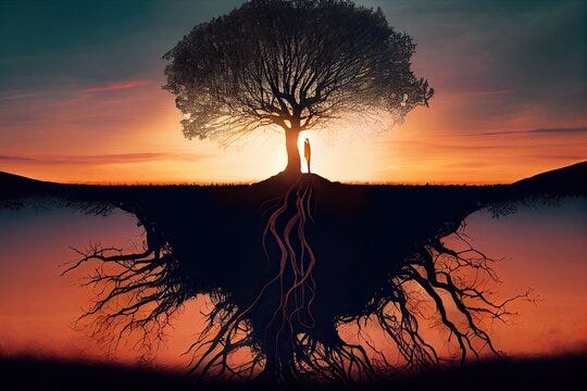 Tree with roots visible beneath the ground